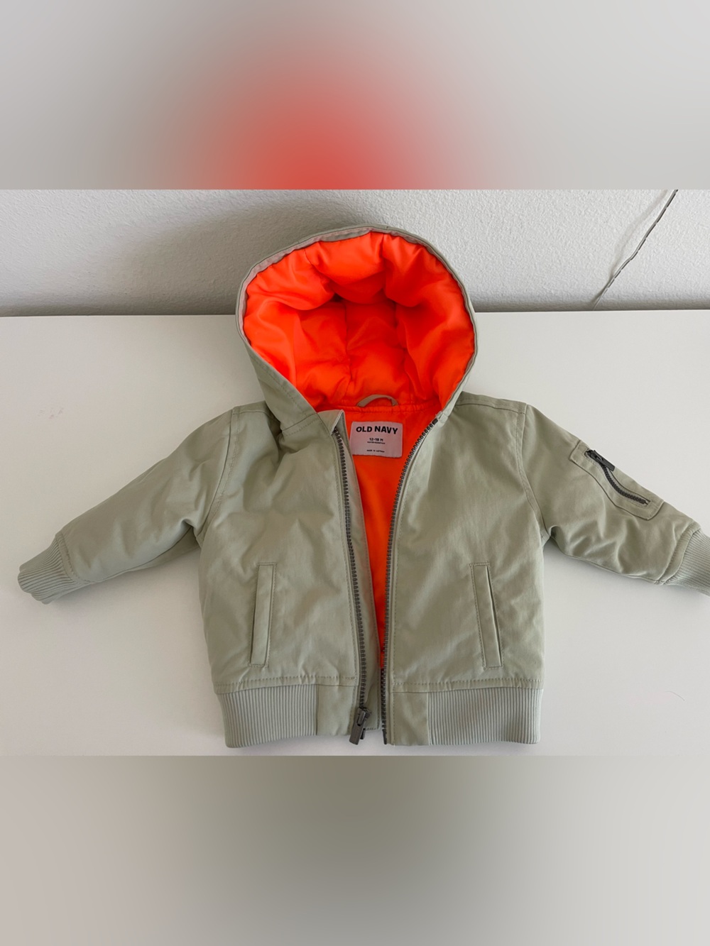 Old Navy Kids Hooded Puffer Jacket - Sage Green & Bright Orange